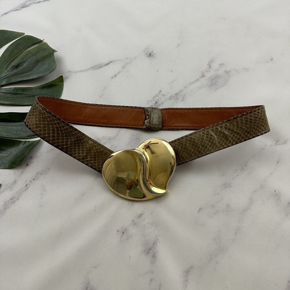 Alexis Kirk Womens Vintage 90s Heart Buckle Belt Size M Tan Faux Snakeskin